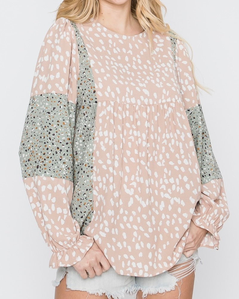 Print Mixed Top with Ruffled Sleeve