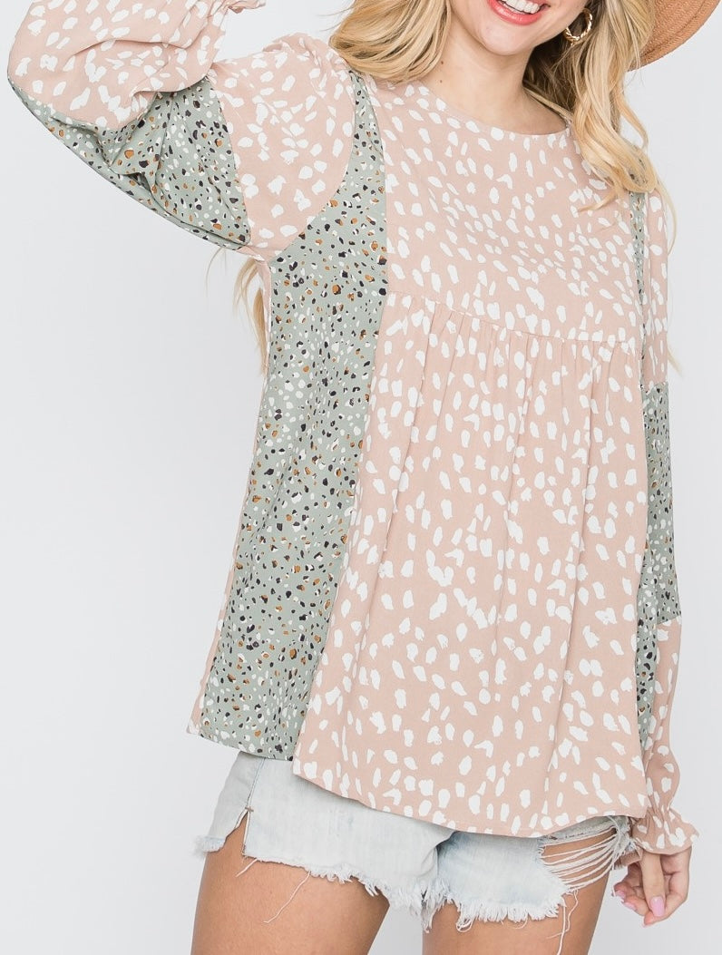 Print Mixed Top with Ruffled Sleeve