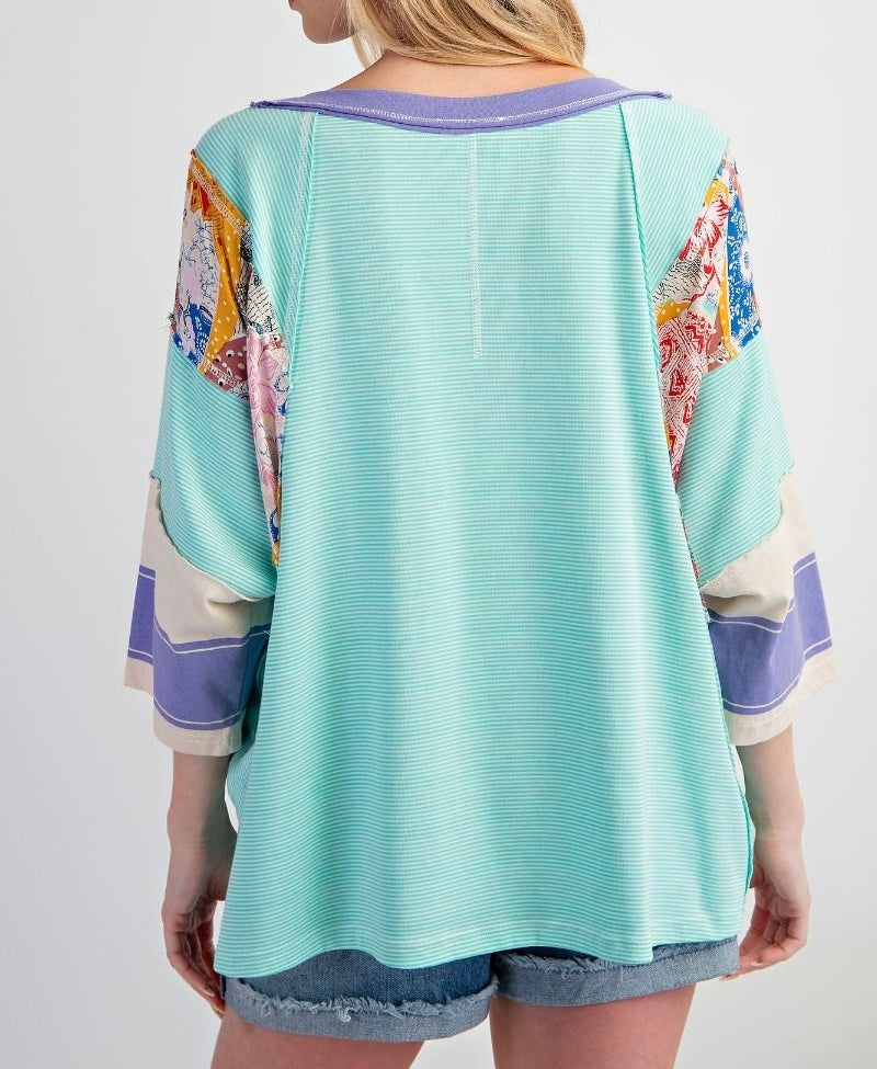 Pin Stripe Mix Print Loose Fit Knit Top