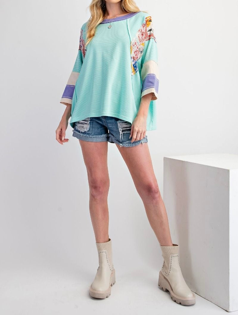 Pin Stripe Mix Print Loose Fit Knit Top