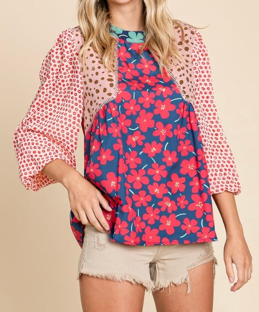Mixed Print poet Sleeved Blouse U Neck and button back. Twinkle Detail and Point Stitch