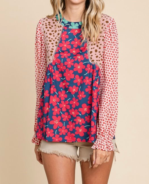 Mixed Print poet Sleeved Blouse U Neck and button back. Twinkle Detail and Point Stitch