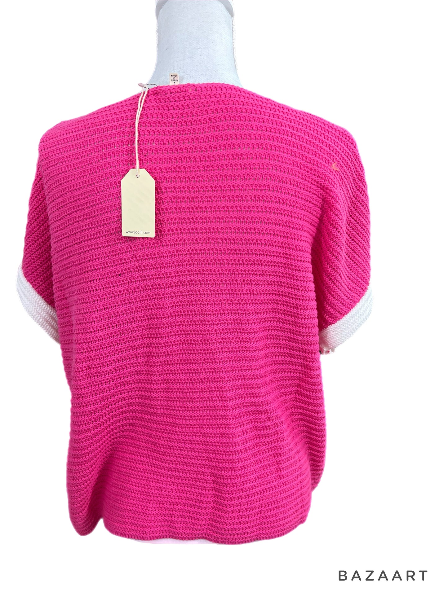 Pink Knit Boat Neck Top Short Band Sleeve With Textured Flower