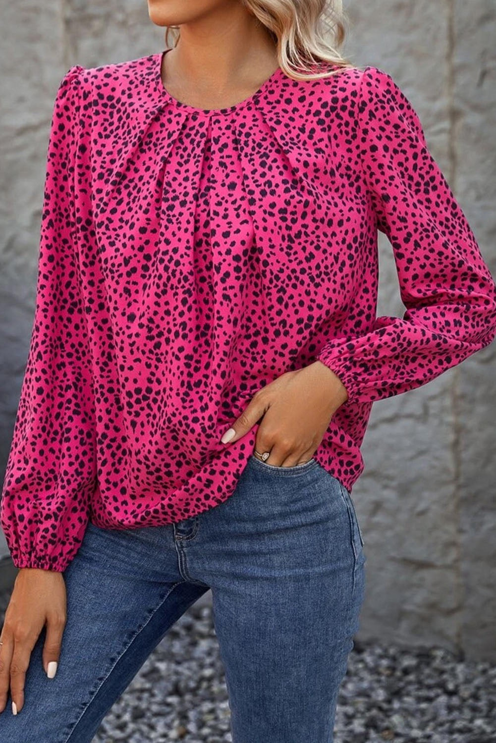 Rose Leopard Print Pleated Blouse With Keyhole