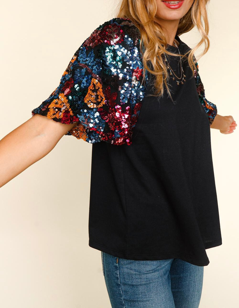 Solid knit multi color sequins bubble sleeve top