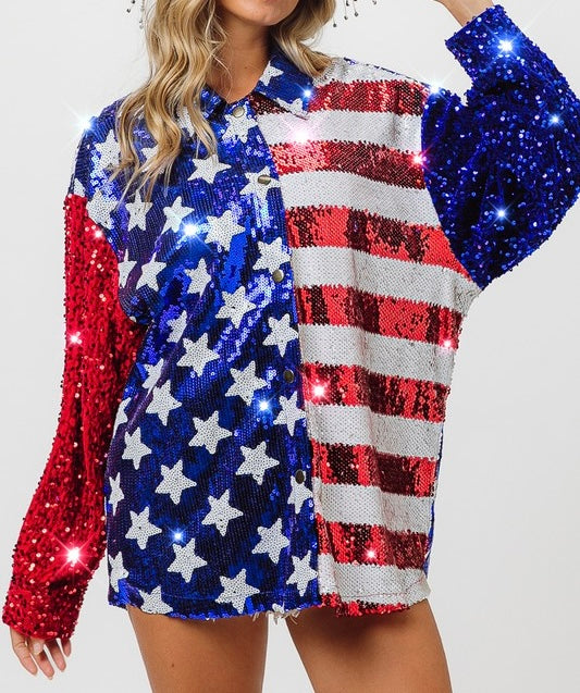 Velvet Sequin Sleeve American Flag Theme Shirt