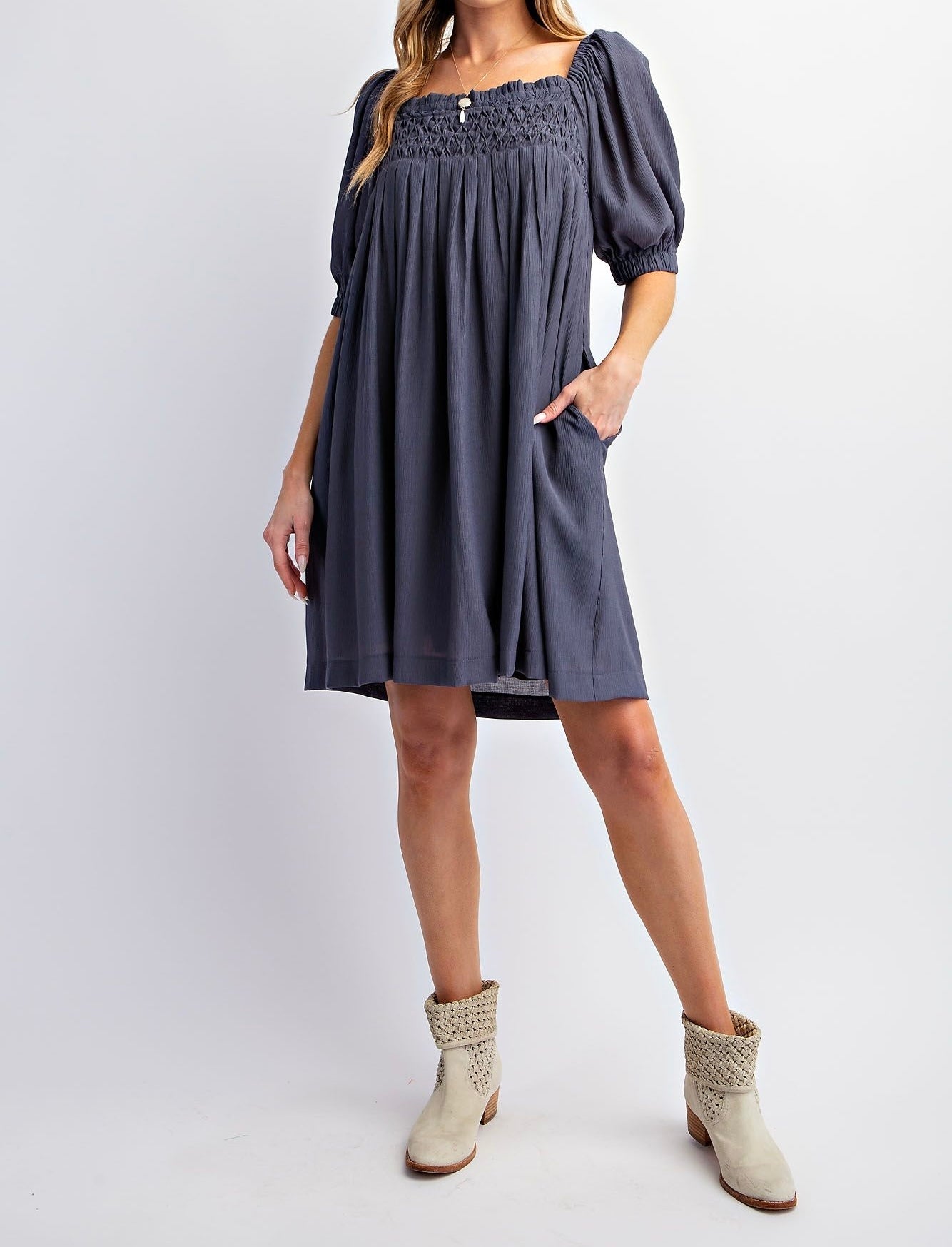 Pleated Babydoll Poly Crepe Dress Faded Navy