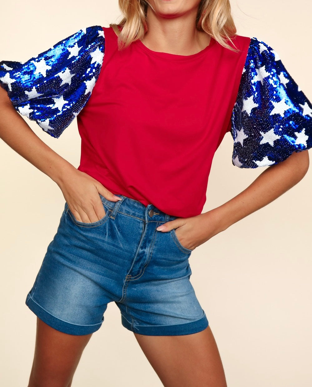 Star Sequins Bubble Short Sleeve Knit Top Red/Blue