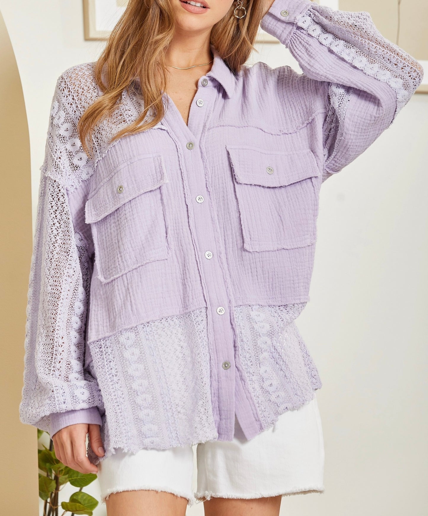 Cotton Button Up Lace Top Double Breast Pocket