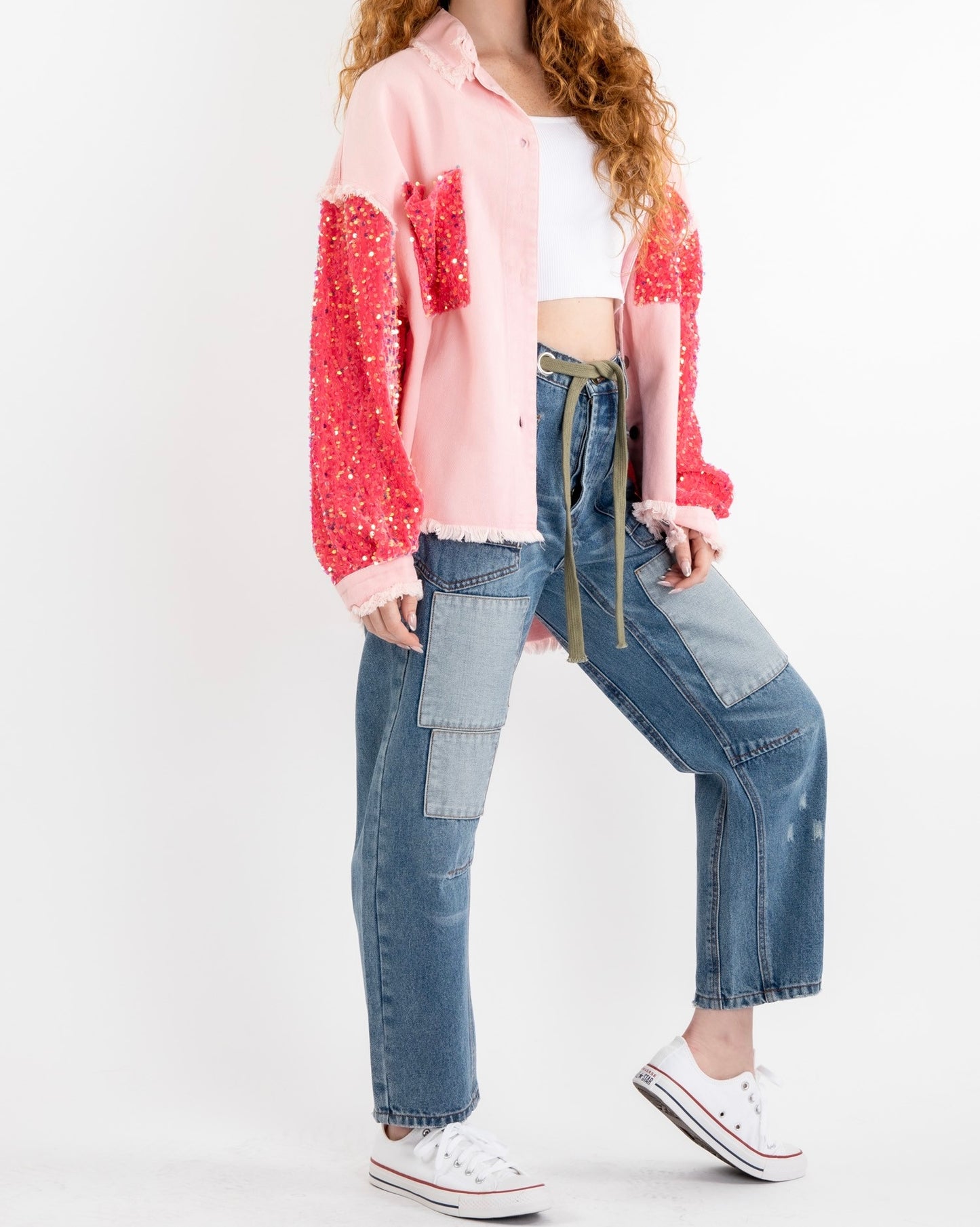 Denim Overfit Contrast Sleeve Shacket Pink