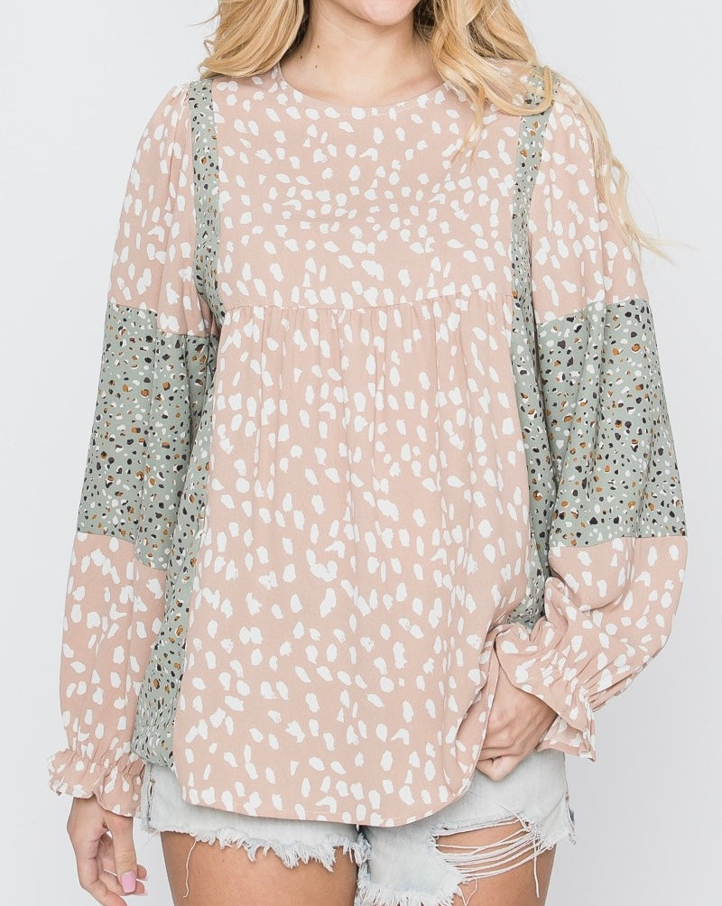 Print Mixed Top with Ruffled Sleeve