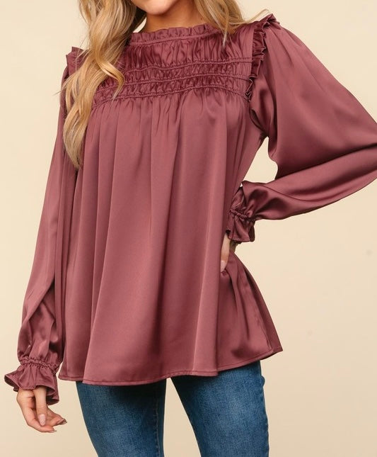 Mock Neck Satin Woven Blouse Chestnut