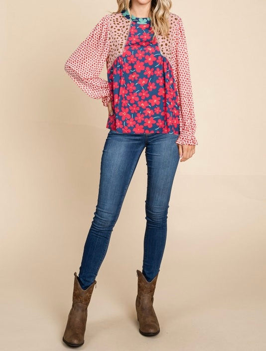 Mixed Print poet Sleeved Blouse U Neck and button back.  Twinkle Detail and Point Stitch