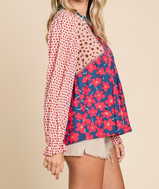 Mixed Print poet Sleeved Blouse U Neck and button back.  Twinkle Detail and Point Stitch