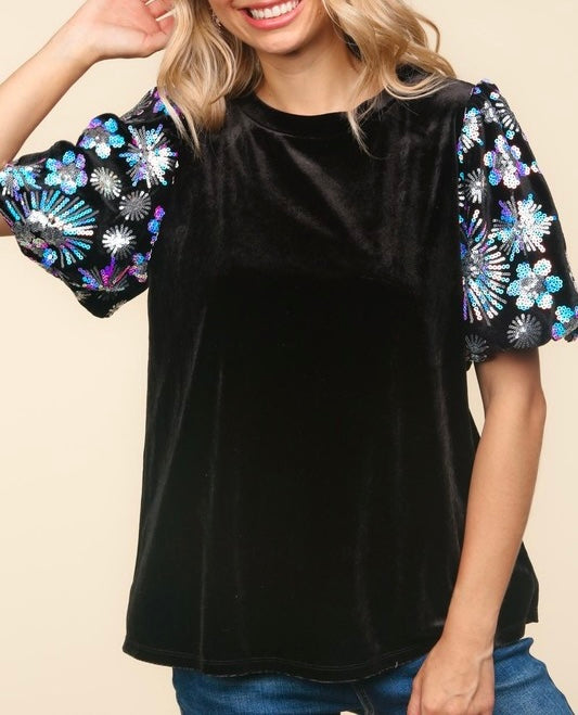 Velvet Snowflake Sequins Sleeve Top