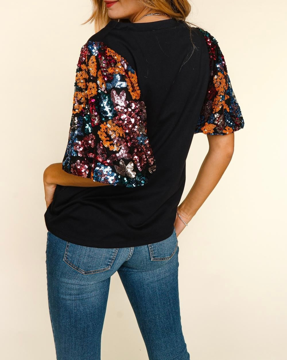 Solid knit multi color sequins bubble sleeve top