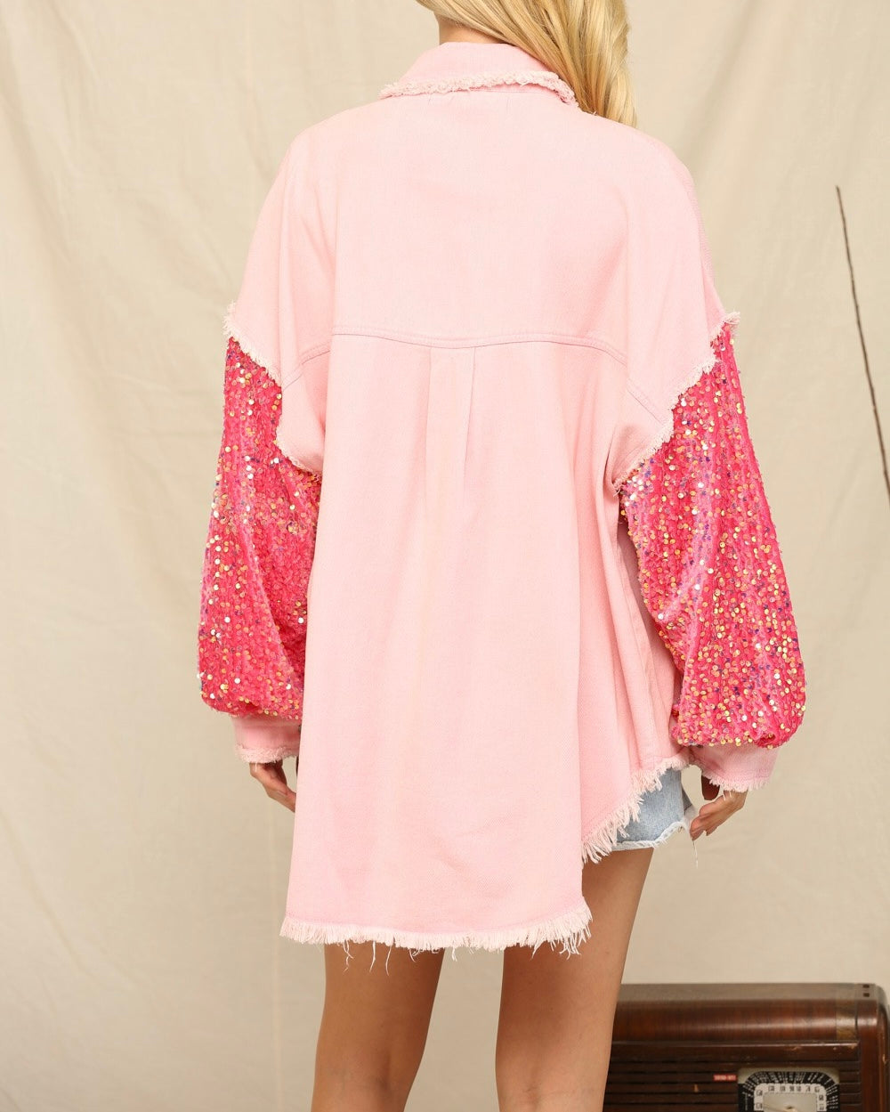 Denim Overfit Contrast Sleeve Shacket Pink