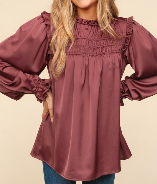 Mock Neck Satin Woven Blouse Chestnut