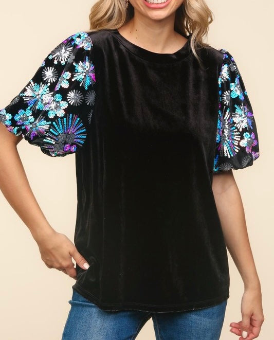 Velvet Snowflake Sequins Sleeve Top