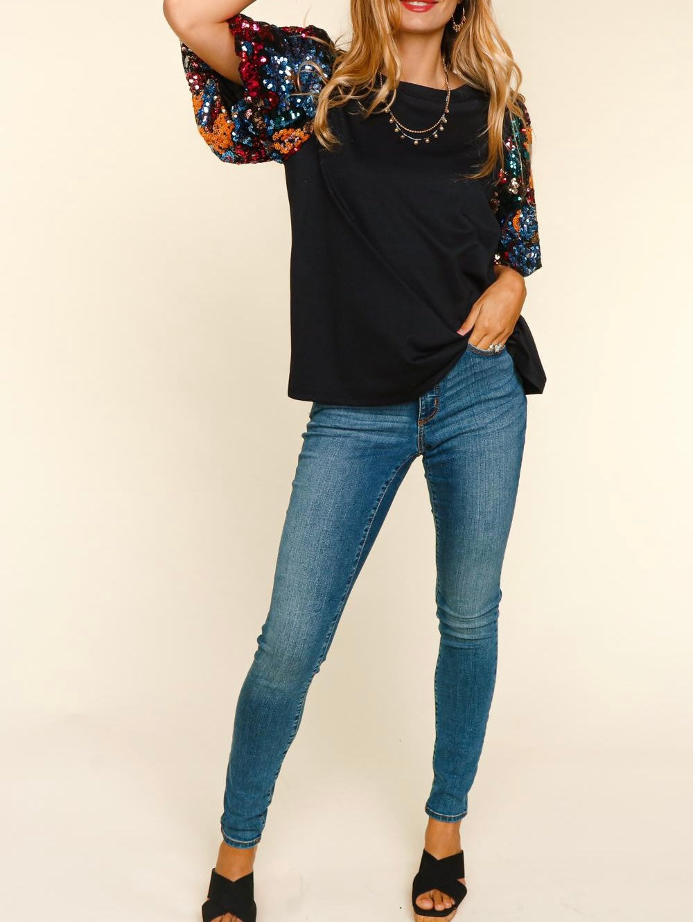 Solid knit multi color sequins bubble sleeve top