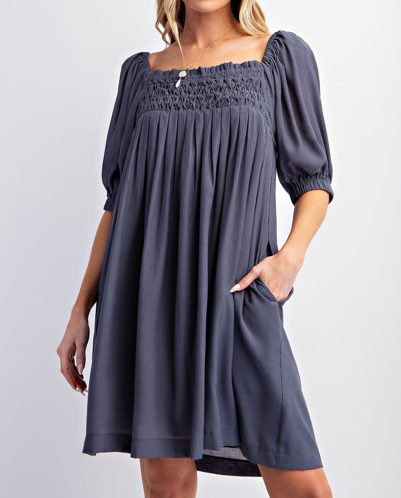 Pleated Babydoll Poly Crepe Dress Faded Navy