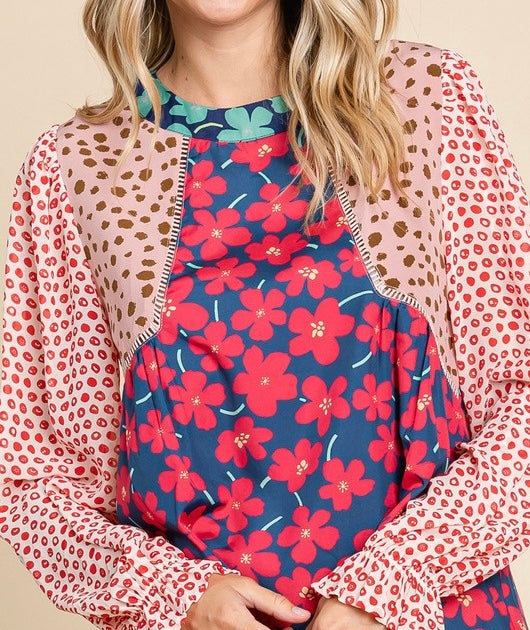 Mixed Print poet Sleeved Blouse U Neck and button back.  Twinkle Detail and Point Stitch