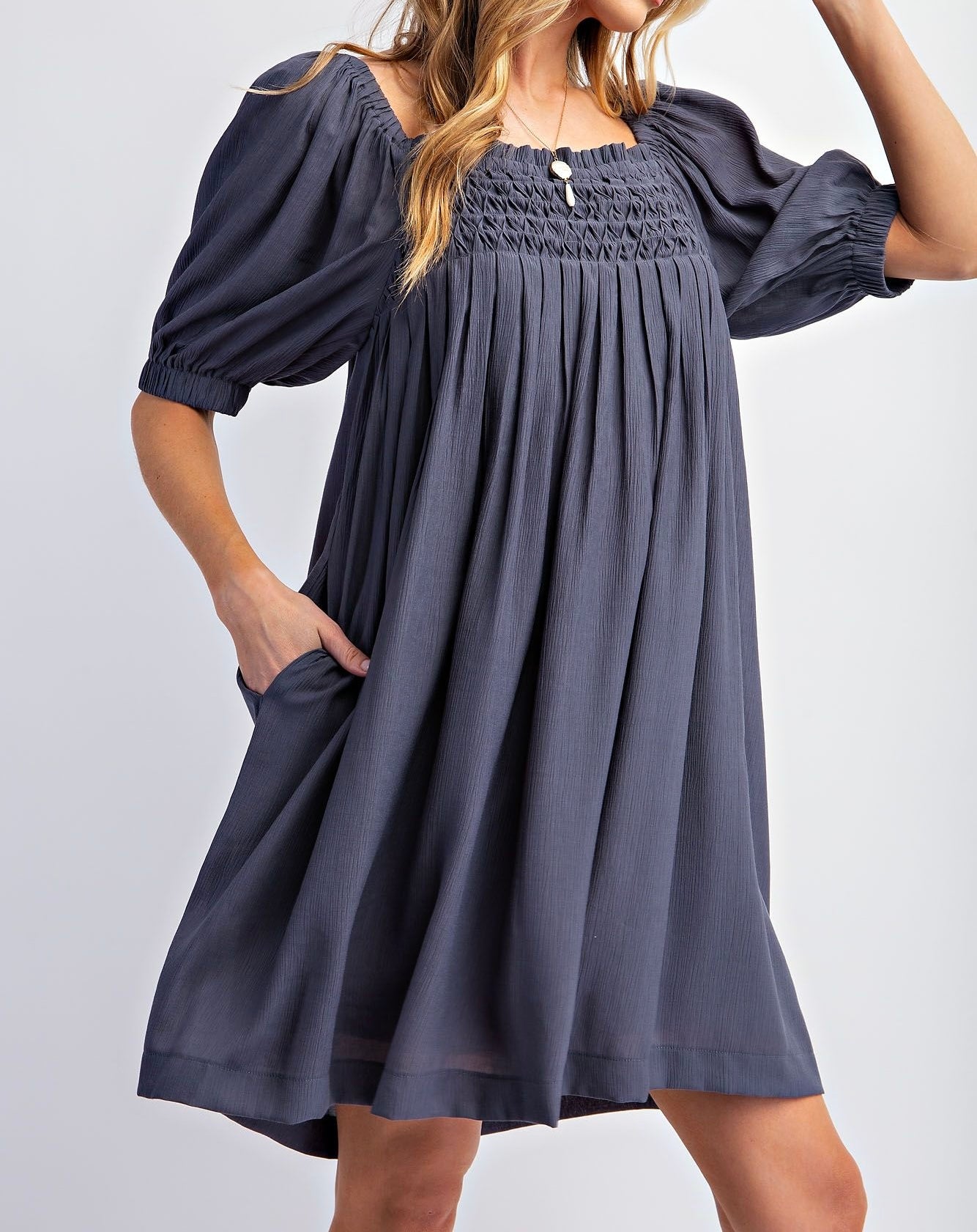 Pleated Babydoll Poly Crepe Dress Faded Navy