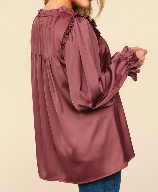 Mock Neck Satin Woven Blouse Chestnut