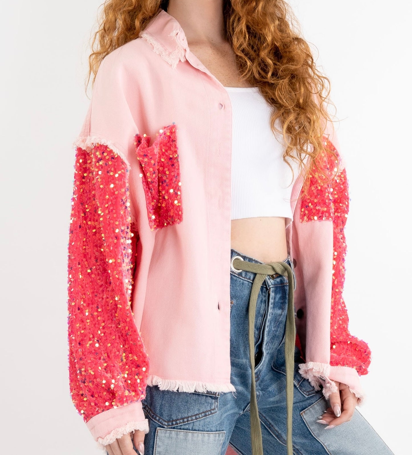 Denim Overfit Contrast Sleeve Shacket Pink