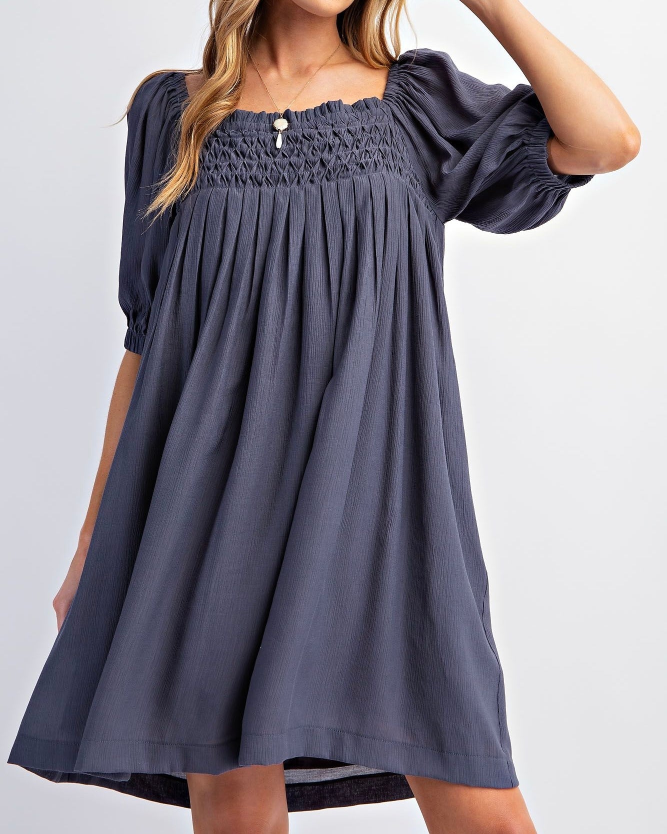 Pleated Babydoll Poly Crepe Dress Faded Navy