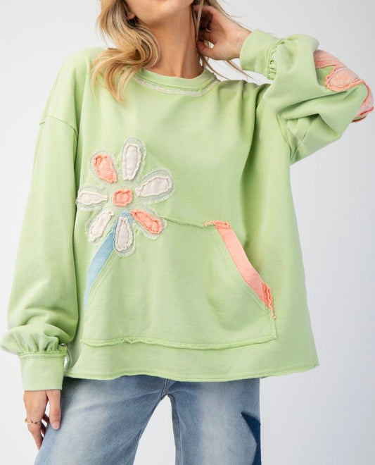 Washed Flower Patch Terry Knit Pullover