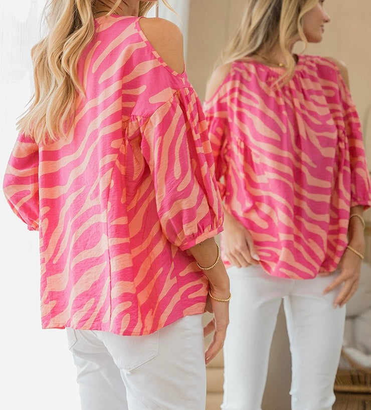 Pink Animal Print Top With Cold Shoulder Round Neck 1/2 Sleeve.