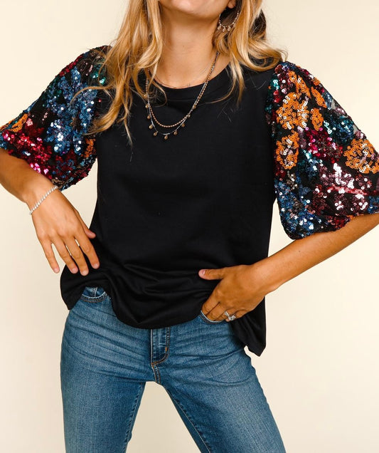 Solid knit multi color sequins bubble sleeve top