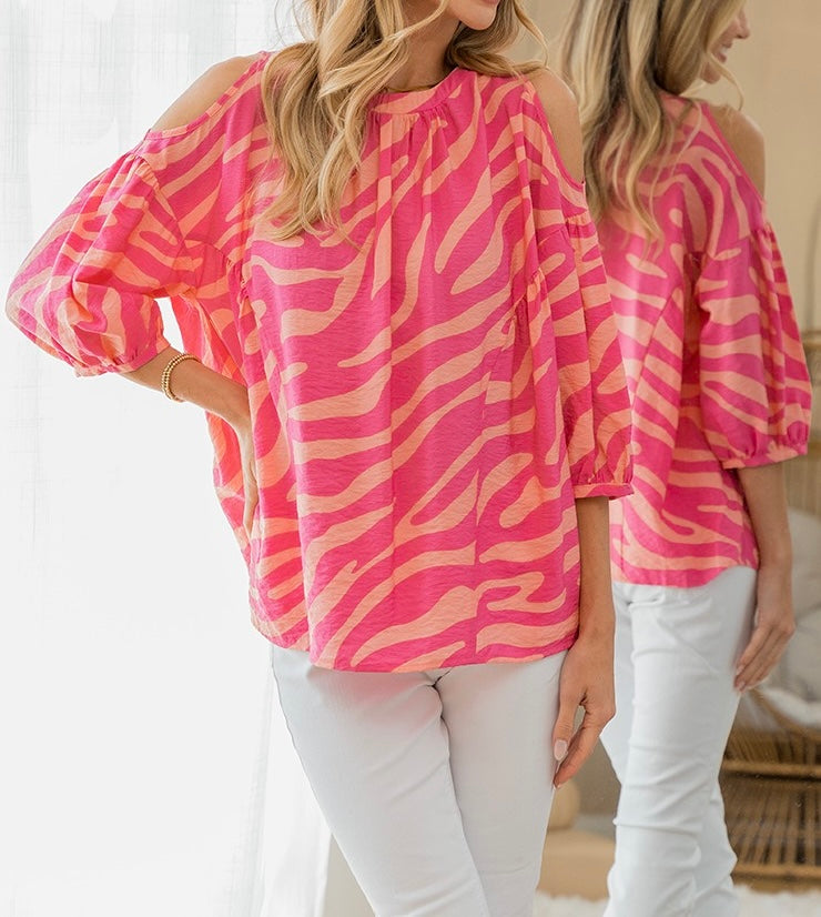 Pink Animal Print Top With Cold Shoulder Round Neck 1/2 Sleeve.