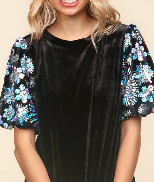 Velvet Snowflake Sequins Sleeve Top