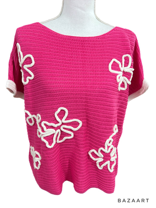 Pink Knit Boat Neck Top Short Band Sleeve With Textured Flower