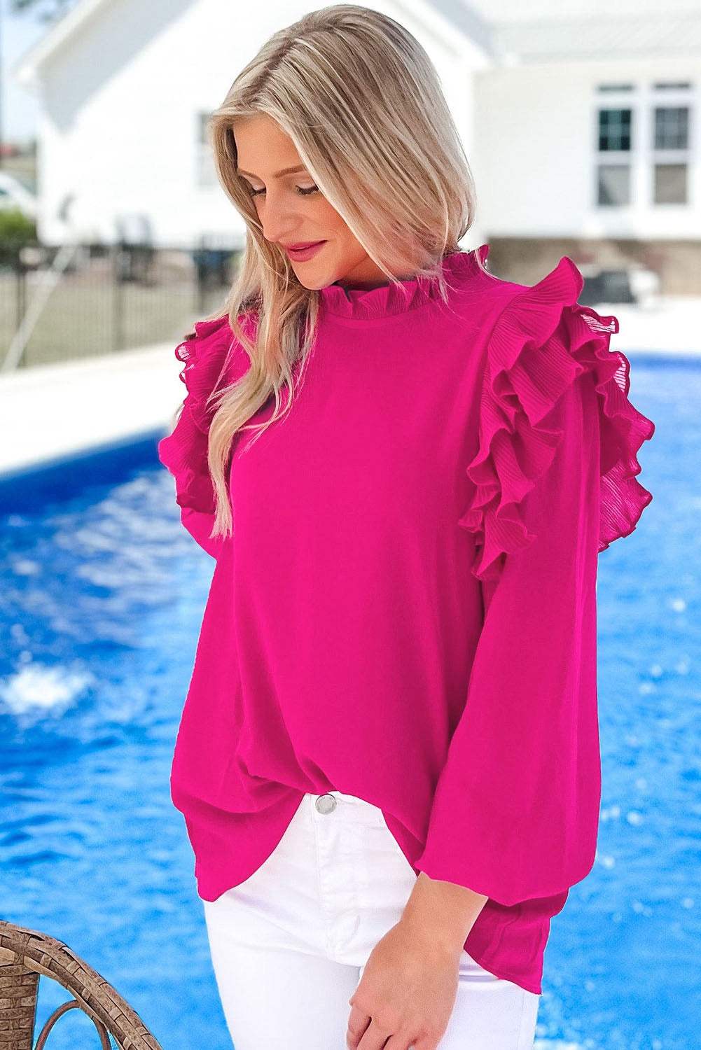 Rose Button Keyhole Pleated Ruffle Trim Blouse