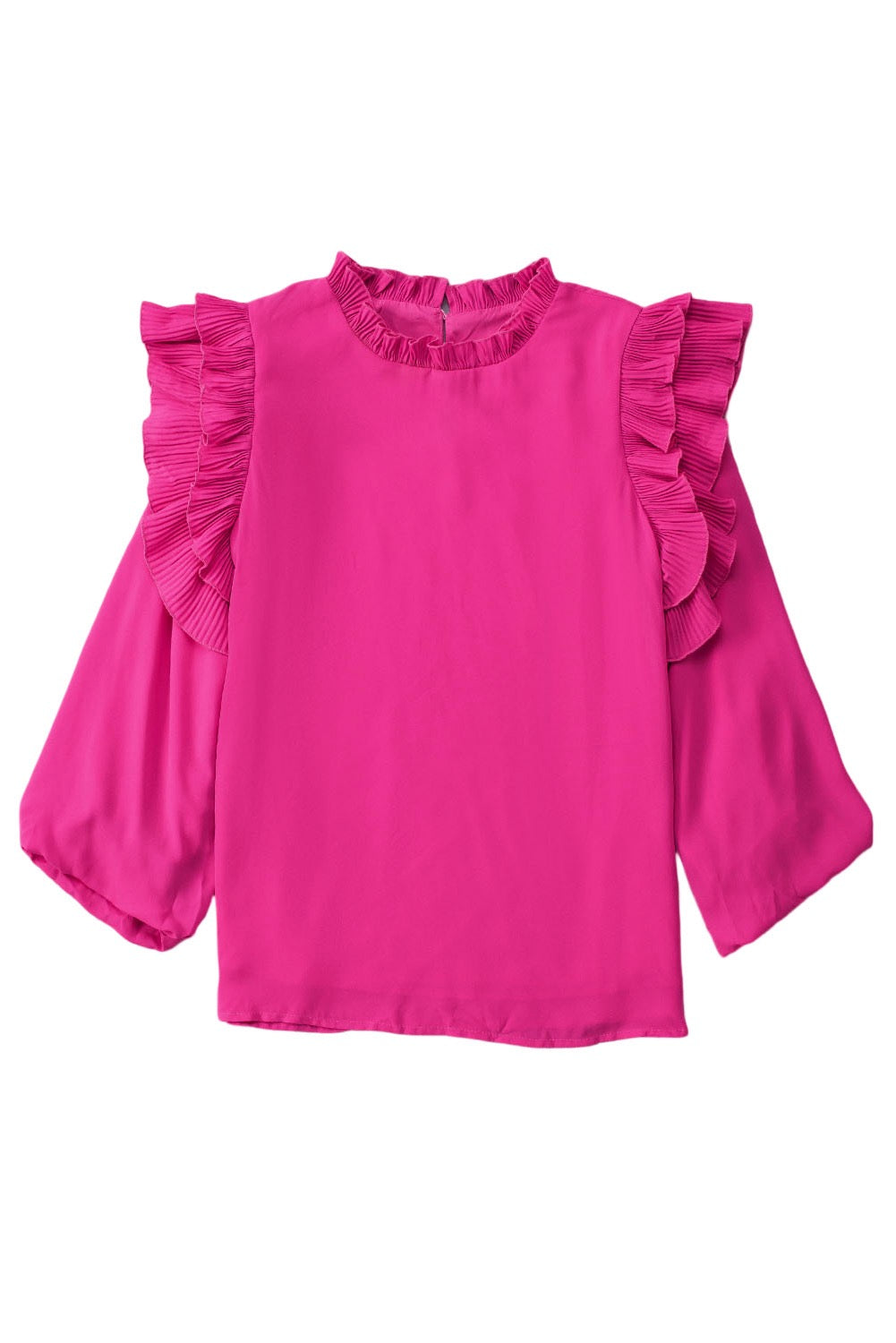 Rose Button Keyhole Pleated Ruffle Trim Blouse