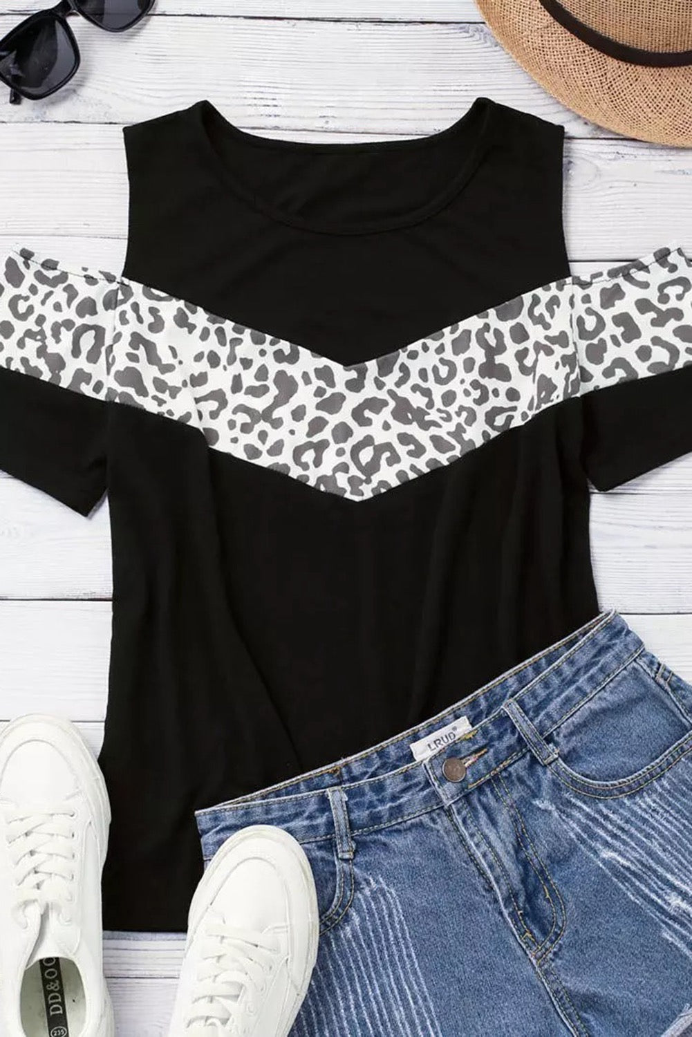 Leopard Print Patchwork Cold Shoulder Short Sleeve Top