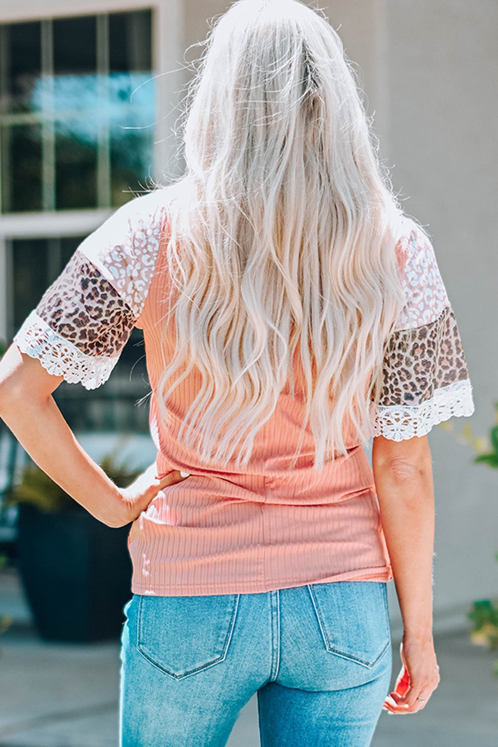 Pink Leopard Print Lace Splicing Sleeve Top