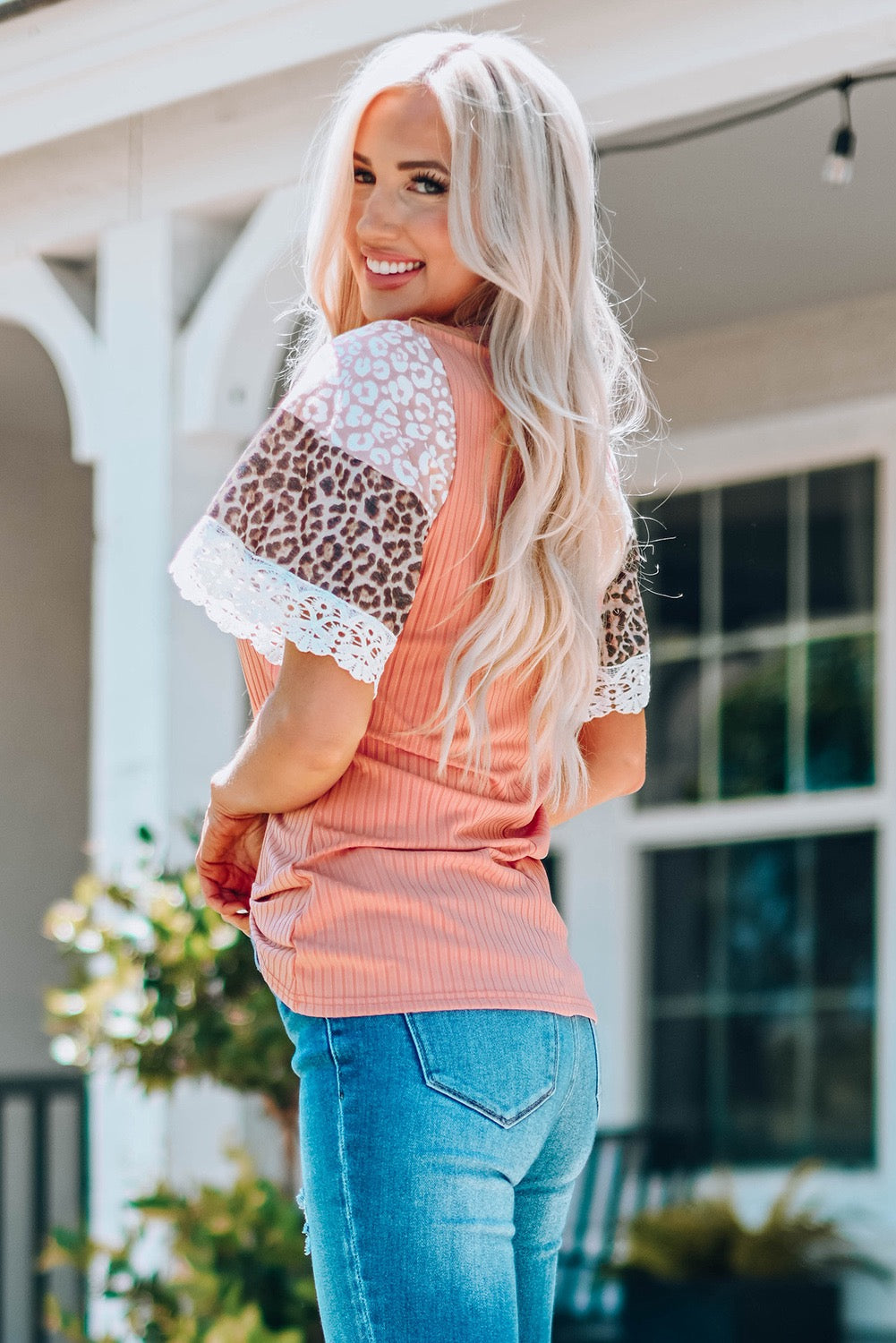 Pink Leopard Print Lace Splicing Sleeve Top