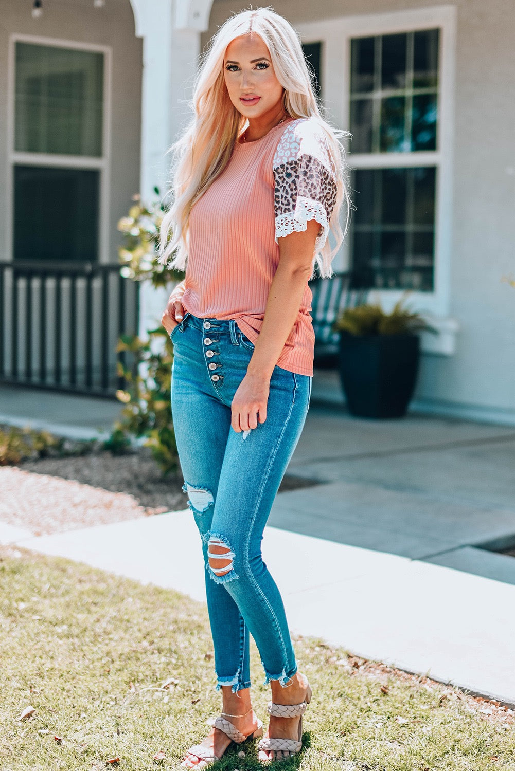 Pink Leopard Print Lace Splicing Sleeve Top