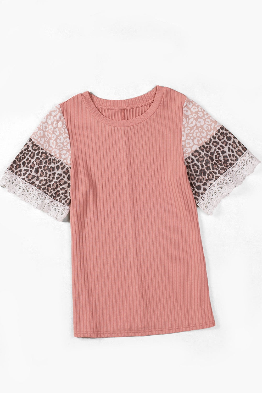 Pink Leopard Print Lace Splicing Sleeve Top