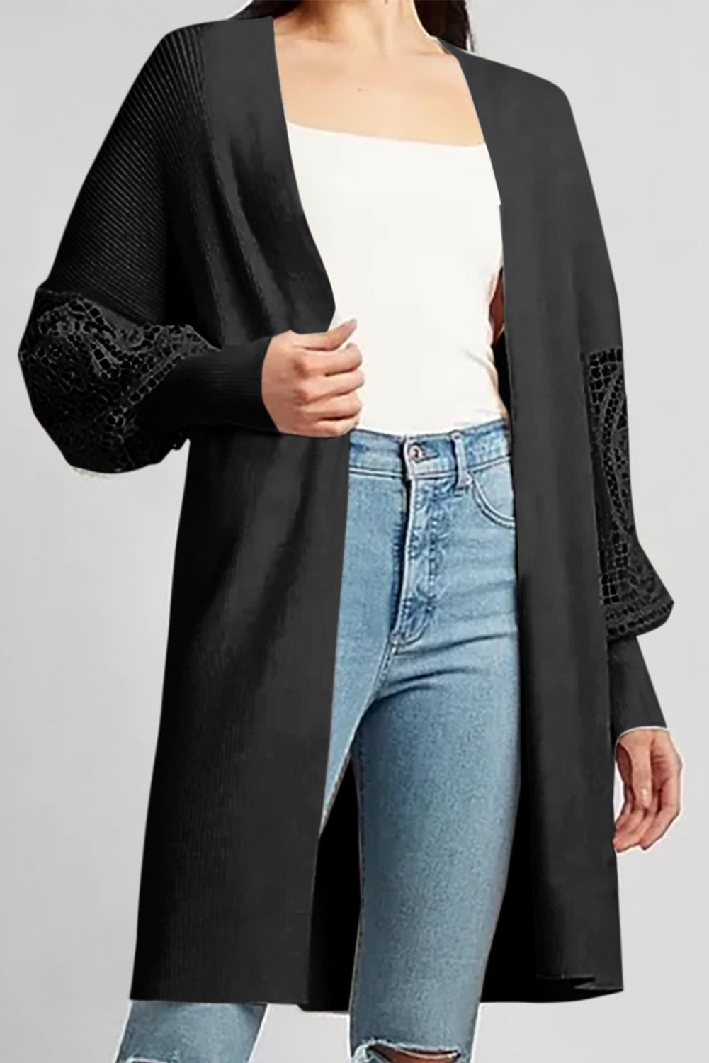 Black Crochet Lace Sleeve Knit Cardigan