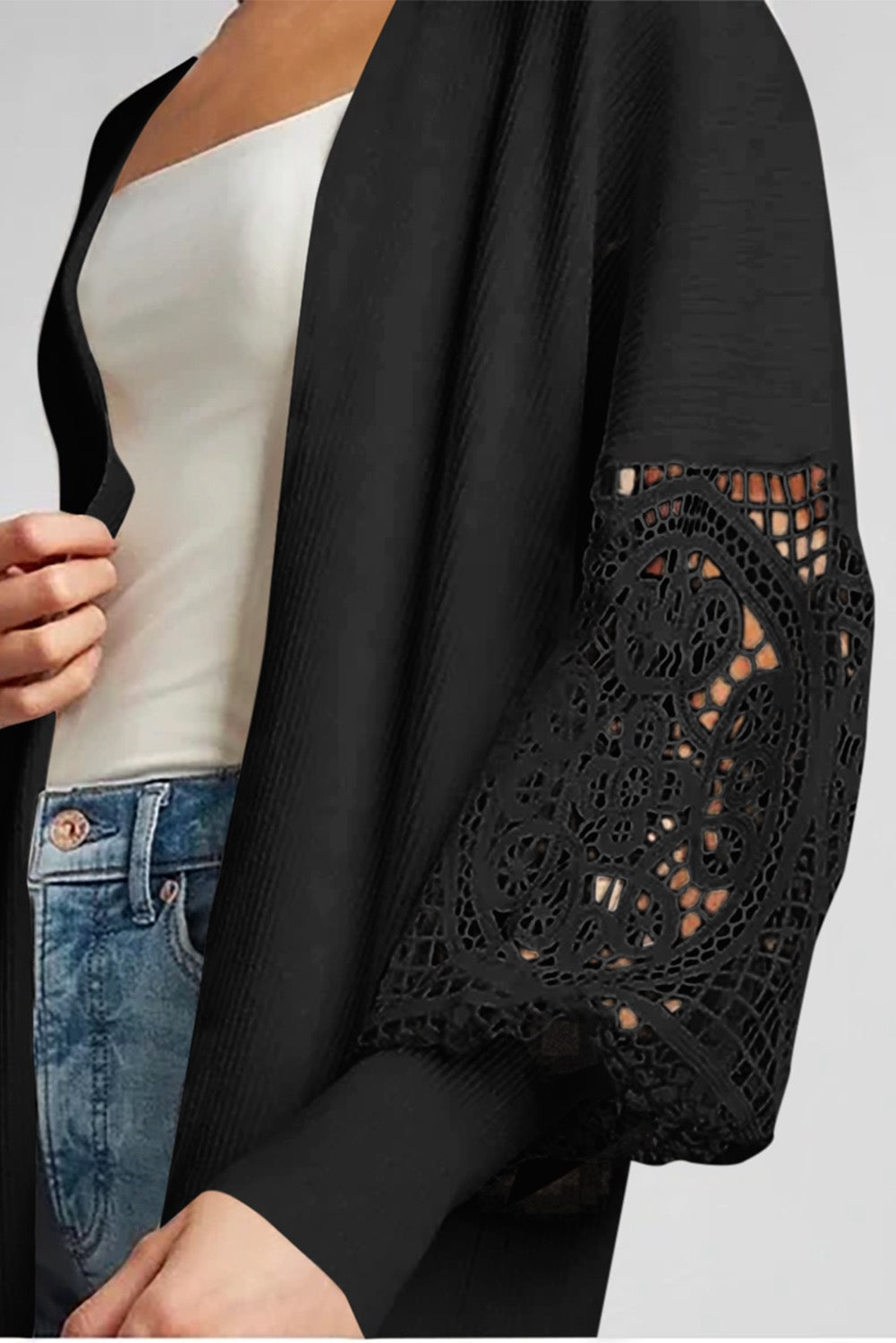 Black Crochet Lace Sleeve Knit Cardigan