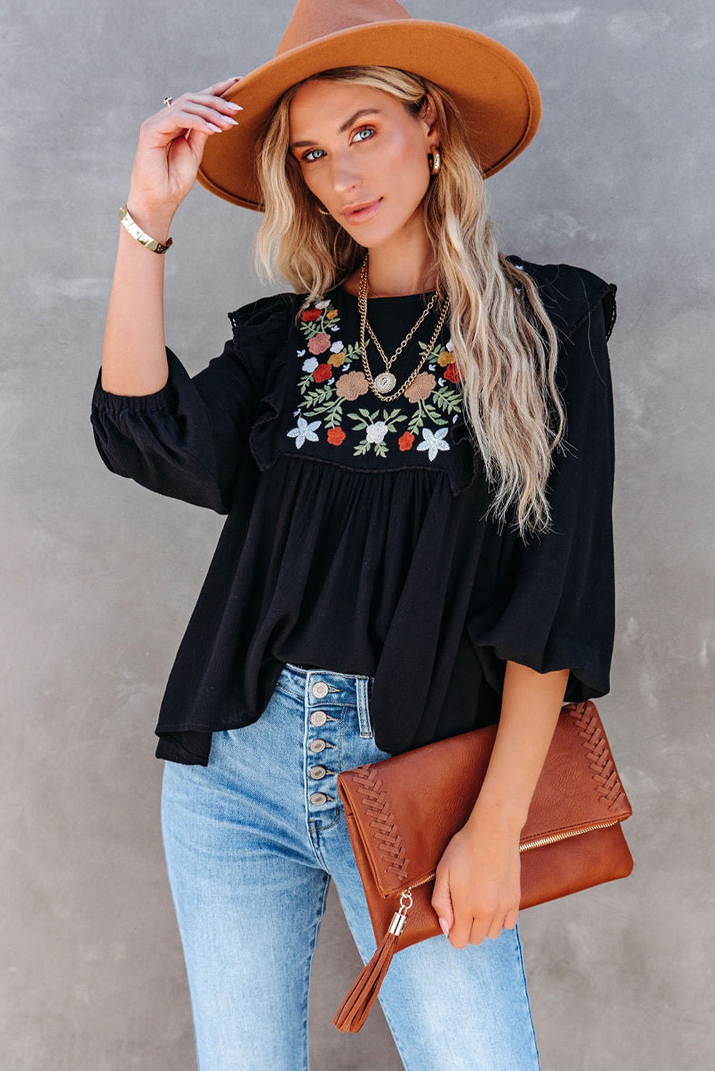 Black Bohemian Floral Embroidered Ruffled Babydoll Top