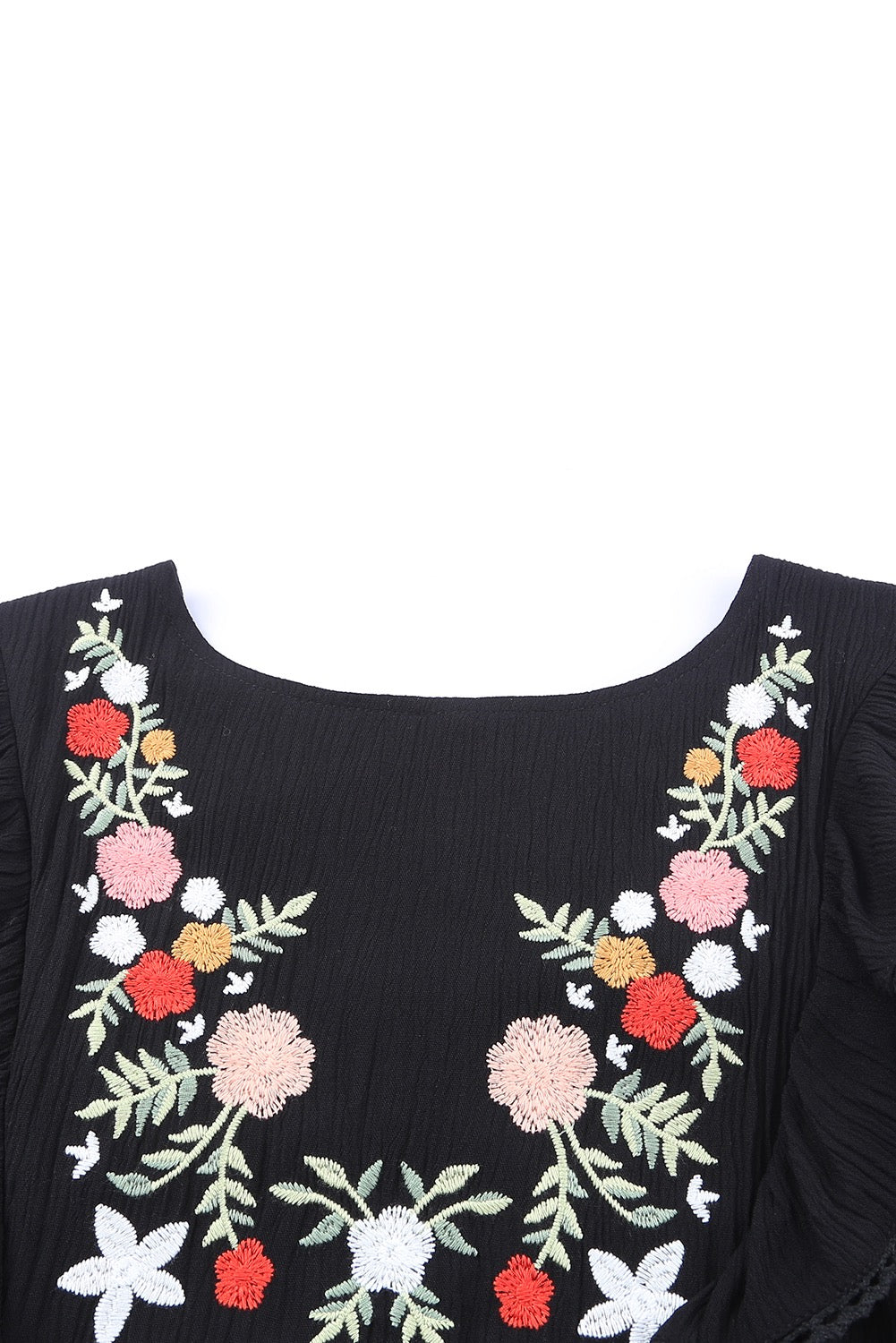 Black Bohemian Floral Embroidered Ruffled Babydoll Top