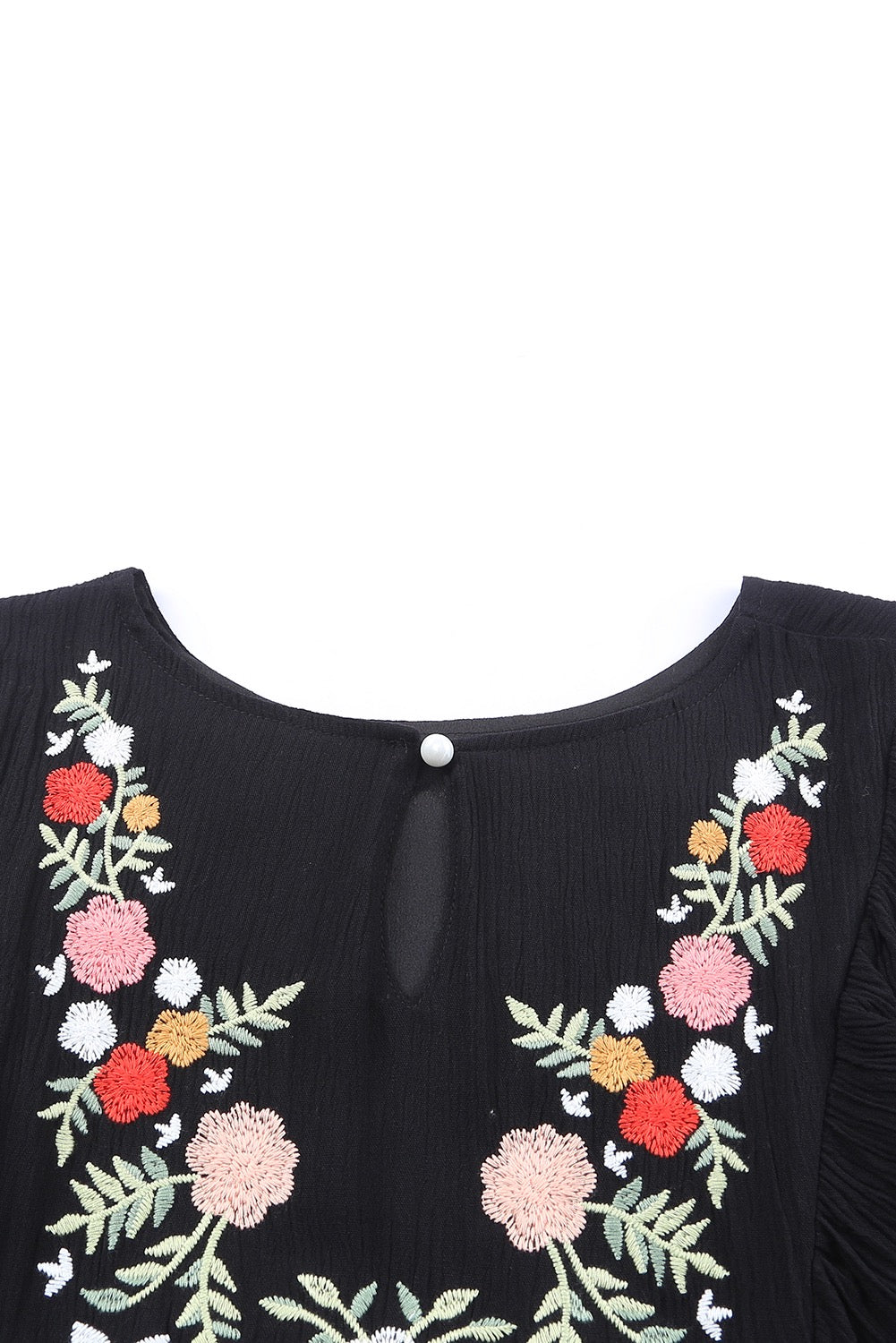 Black Bohemian Floral Embroidered Ruffled Babydoll Top