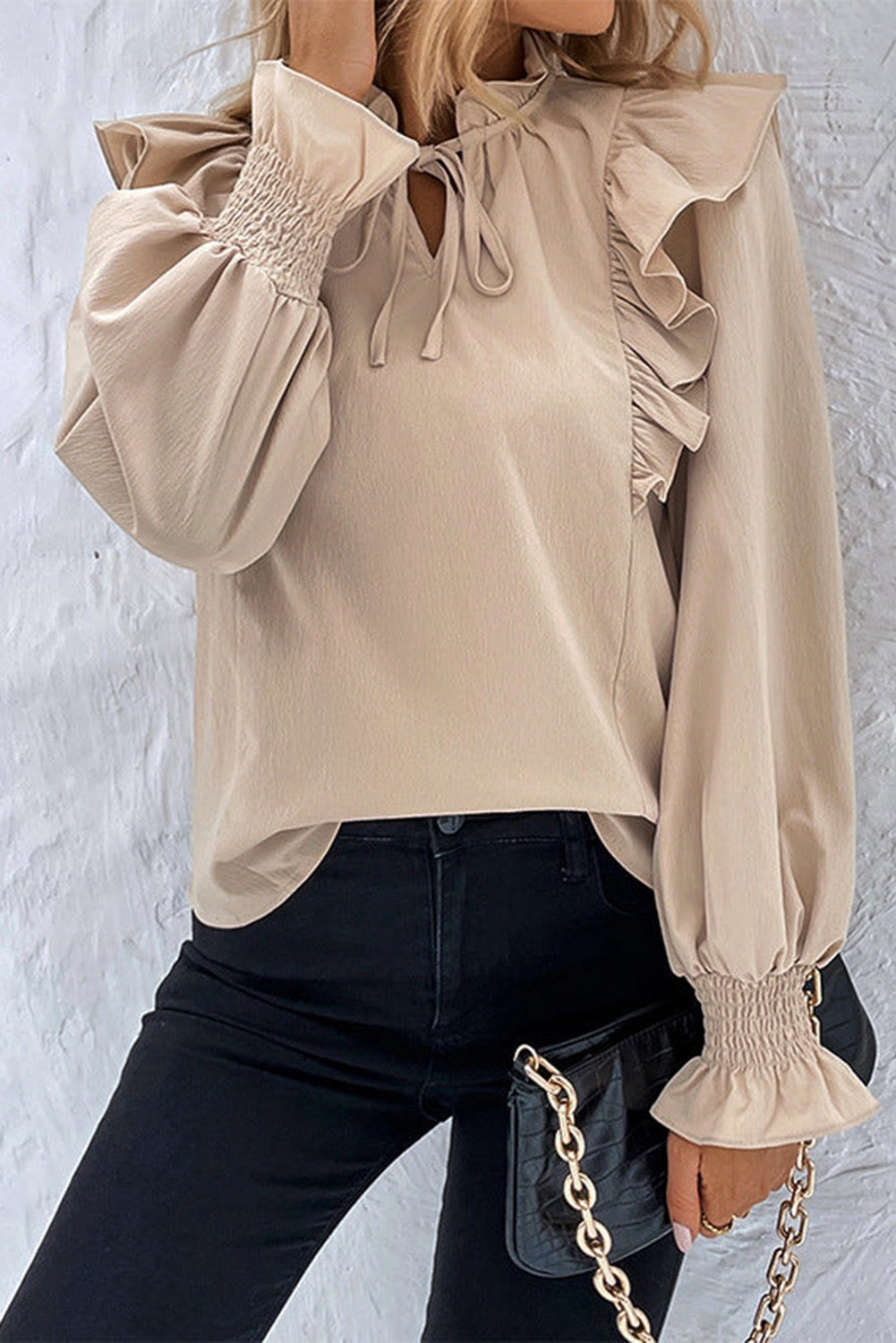 Khaki Ruffled Lace Up Bubble Sleeve Blouse