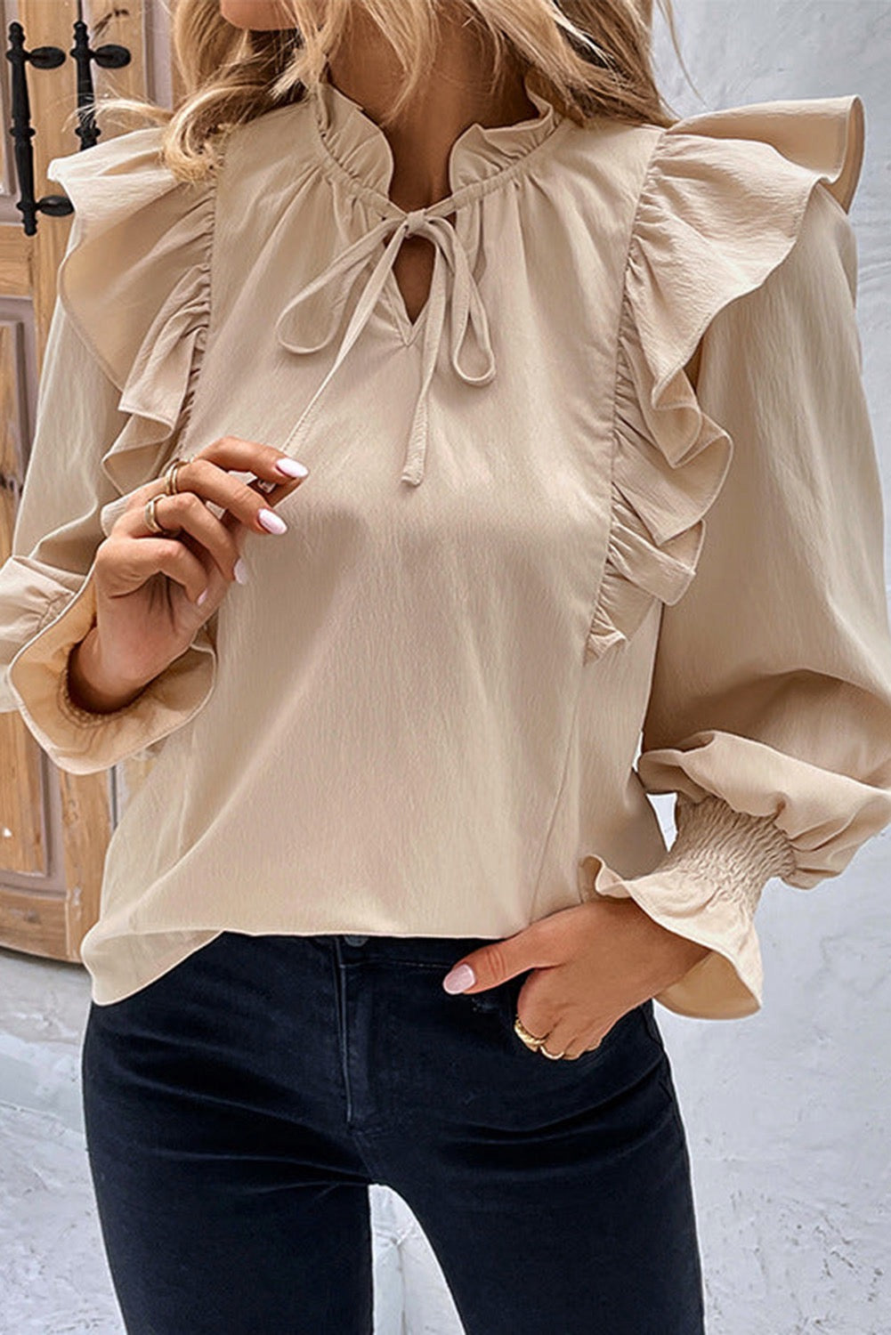 Khaki Ruffled Lace Up Bubble Sleeve Blouse